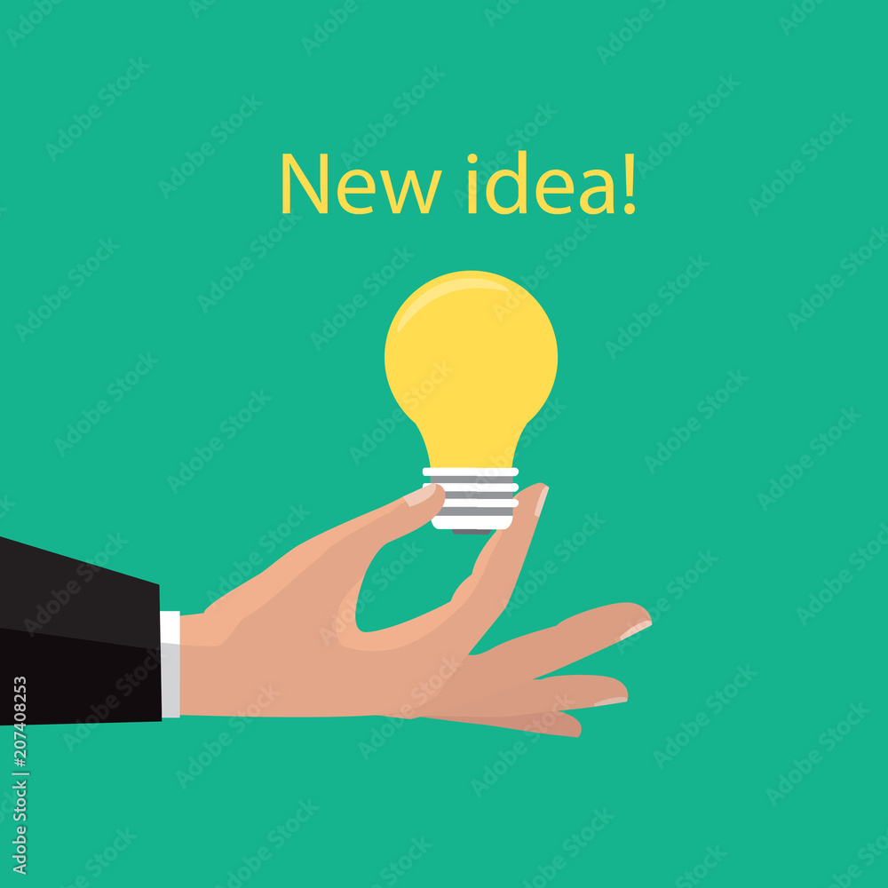 Vector illustration in flat design. Isolated on background. Pointing finger on bulb. Concept of big idea. Vector illustration in flat design. Isolated on background. Pointing finger on bulb. Concept of big idea.