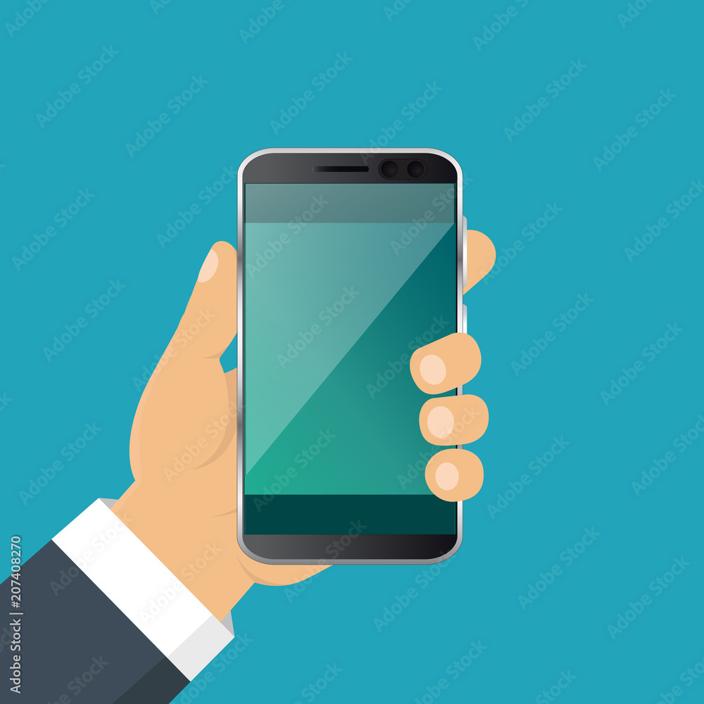 Hand holding smart phone. Business concept, flat design, vector Hand holding smart phone. Business concept, flat design, vector