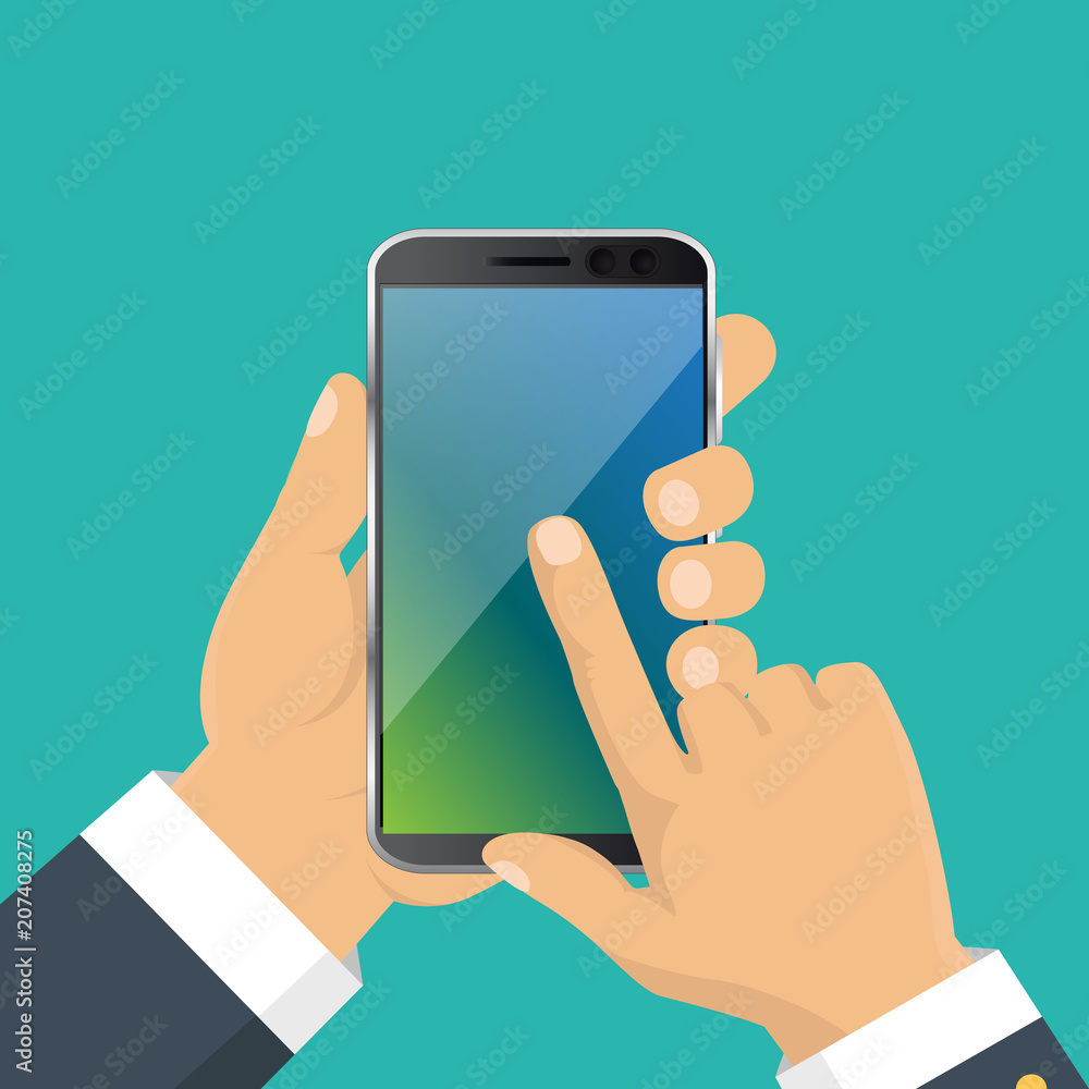 Hand holding smart phone. Business concept, flat design, vector