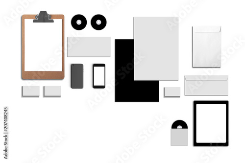 Blank Corporate ID. Set isolated on white. Consist of business cards, folder, tablet PC, envelopes, a4 letterheads, notebooks, flash, pencil, cd disk and smart phones.