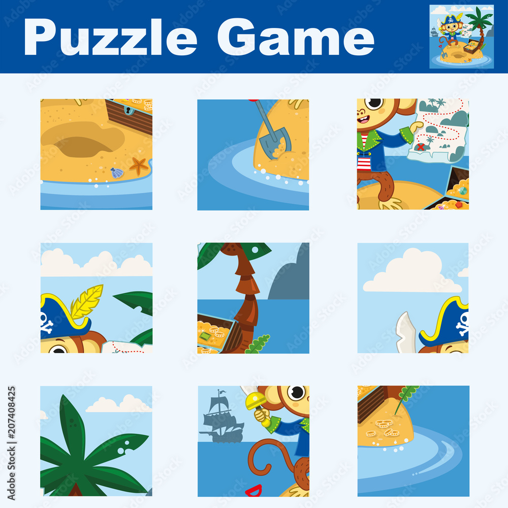 Puzzle for children featuring a pirate monkey. Match pieces and complete the picture. Activity for preschool children. Vector illustration.