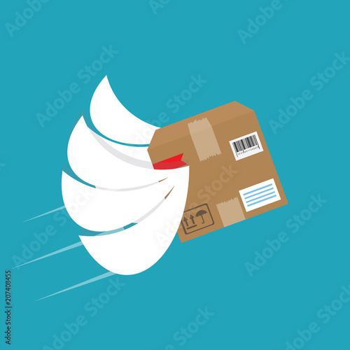 Parcel with wings flies in the sky. Vector illustration. Fast delivery logo, banner.
