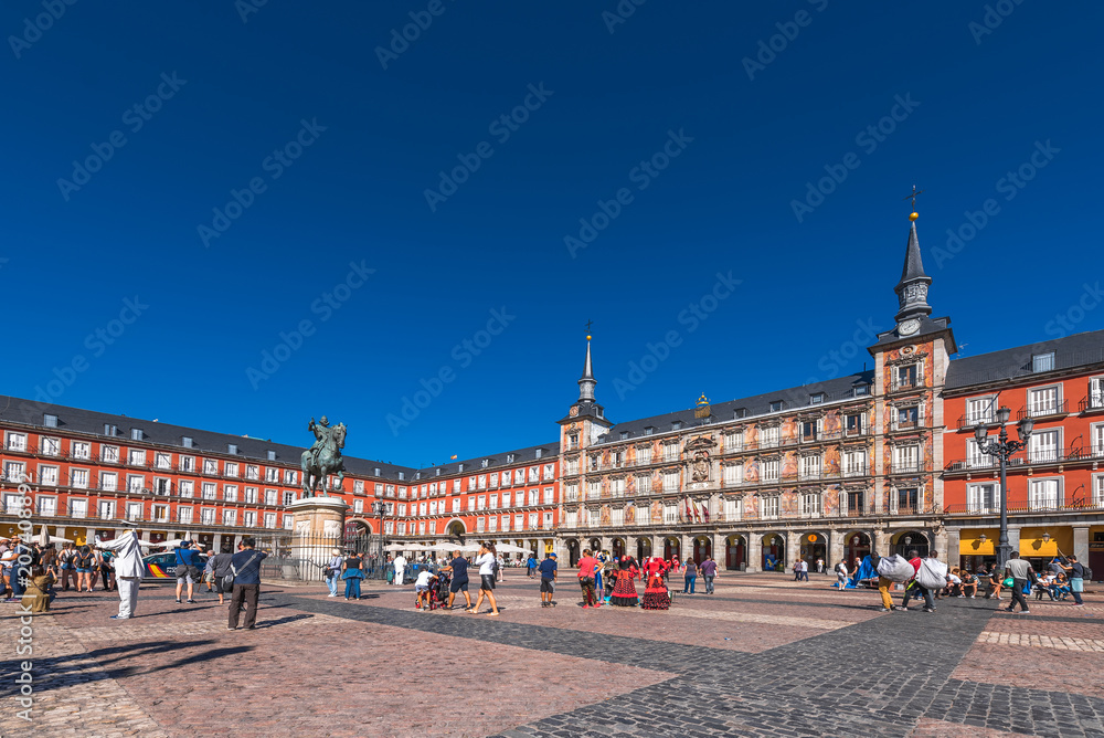 MADRID, SPAIN - SEPTEMBER 26, 2017: The Bulding of the Plaza Mayor with statue of King Philips III. Copy space for text.