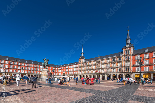 MADRID, SPAIN - SEPTEMBER 26, 2017: The Bulding of the Plaza Mayor with statue of King Philips III. Copy space for text.