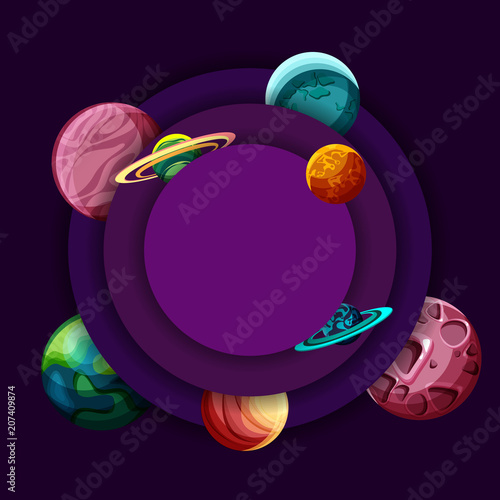 Round purple background with planets.