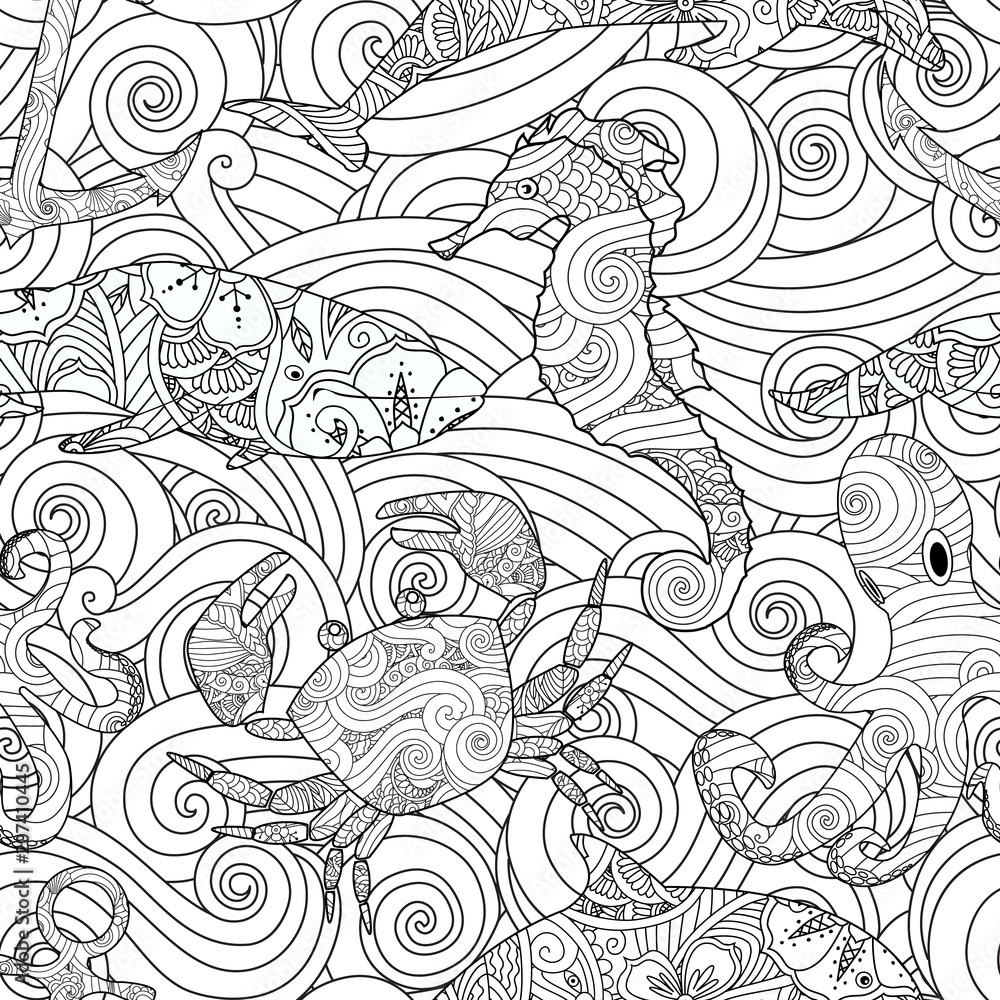 Serene hand drawn outline seamless pattern with waves, sea animals - dolphin, seahorse, crab, octopus isolated on white background. Coloring book for adult and older children. Serene hand drawn outline seamless pattern with waves, sea animals - dolphin, seahorse, crab, octopus isolated on white background. Coloring book for adult and older children.