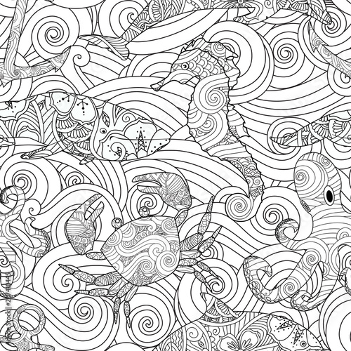 Serene hand drawn outline seamless pattern with waves, sea animals - dolphin, seahorse, crab, octopus isolated on white background. Coloring book for adult and older children.