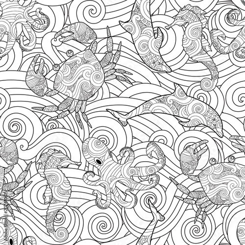 Serene hand drawn outline seamless pattern with waves, sea animals - dolphin, seahorse, crab, octopus isolated on white background. Coloring book for adult and older children.