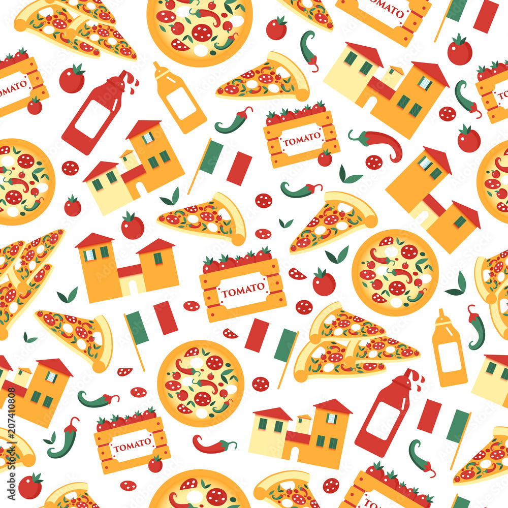 Seamless pattern of pizza slices with ingredients. Bright seamless background of vector slices of pizza in a flat style with italian landscape. Vector illustration.