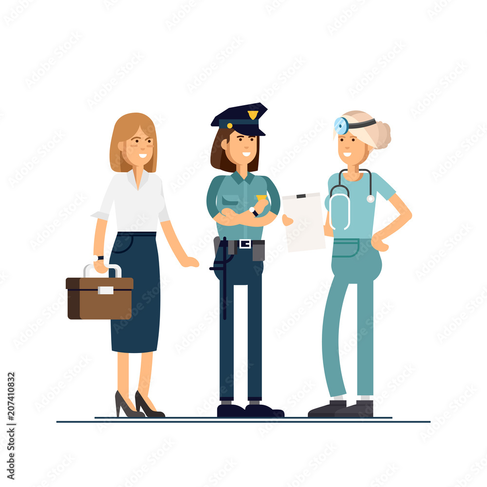 Group of people, different professions workers, friends, drinking coffee . Teamwork concept- policewoman, office work.er, doctor. Female characters.