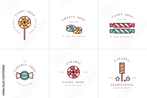 Vector set design colorful templates logo and emblems - lollipops with sprinkles caramel candies. Different sweets icon. Logos in trendy linear style isolated on white background.
