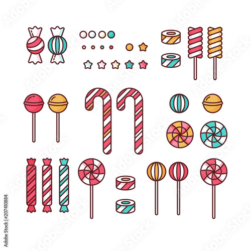 Candy set linear lollipops with sprinkles, spiral and caramel colorful sweets vector illustration.