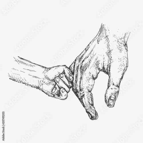 Hand of child and father or parent. Hand drawn vector illustration