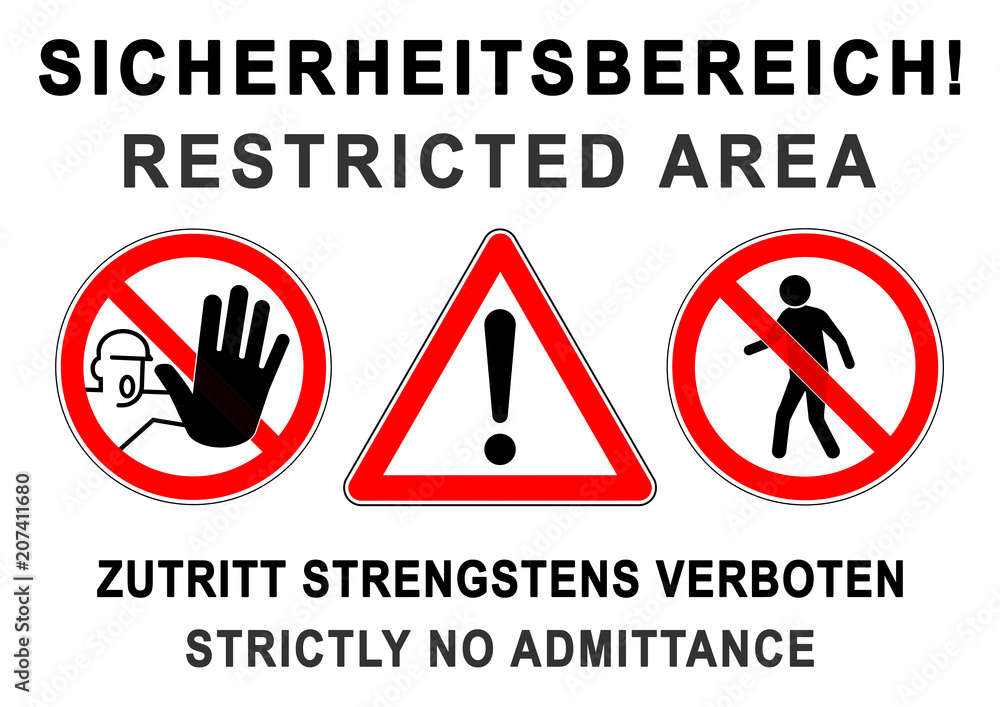 ks316 Kombi-Schild - ezs5 ExclusionZoneSign ezs - deutsch:  Sicherheitsbereich - Zutritt strengstens verboten! - english: Restricted  Area - Strictly no admittance! - Poster - DIN A1 A2 A3 - g6161 e6161  Stock-Illustration | Adobe Stock