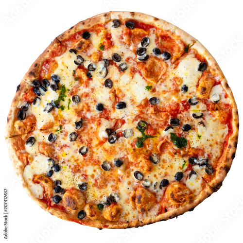 Large margherita pizza with black olives isolated on white from above.