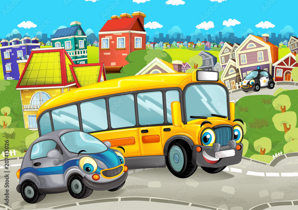 cartoon scene with happy cars on the street driving through the city - illustration for children