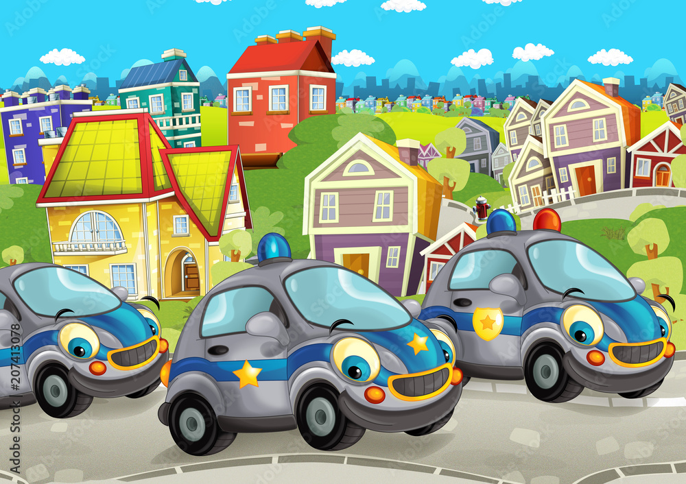 cartoon scene with happy vehicles on the street driving through the city - illustration for children