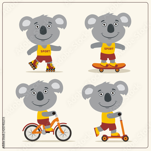 Set of isolated funny koala bear on bike, skateboard, scooter and roller skates.