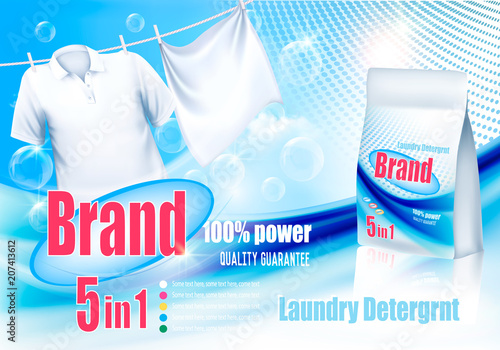 Laundry detergent ad. White clothes hanging on rope and plastic bag. Design template. Vector