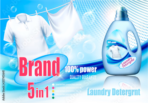 Laundry detergent ad. White clothes hanging on rope and plastic bag. Design template. Vector