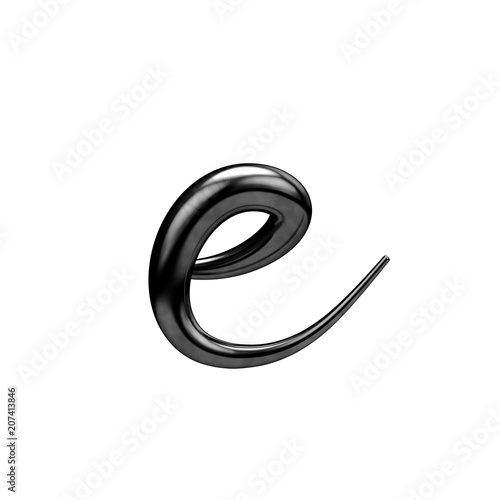 Letter E black handwritten script font. 3D Rendering