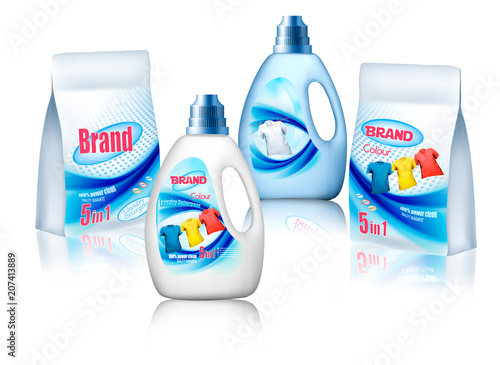 Laundry detergent package design, set of container bottles with label and bags. Vector