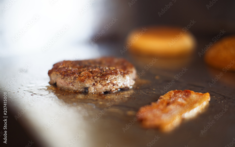 Meat and bacon for burger, indoor, fastfood making Meat and bacon for burger, indoor, fastfood making
