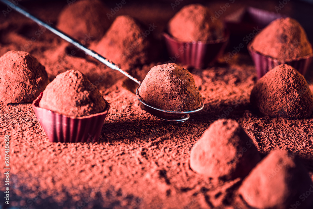Chocolate truffles, macro. delicious homemade truffle with dark