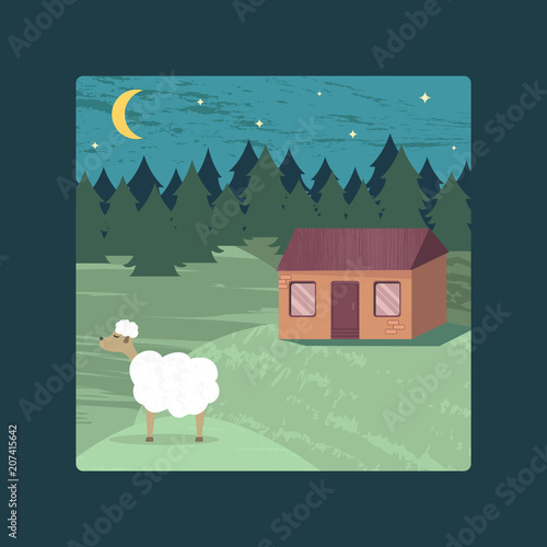 Vector poster with a rural landscape, a lodge and a sheep for design.