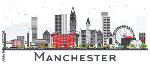 Manchester Skyline with Gray Buildings Isolated on White.