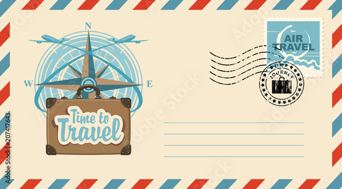 Postal envelope with stamp and rubber stamp. Illustration on the theme of travel with a suitcase, passenger planes against the backdrop of the compass Wind rose and the inscription Time to travel