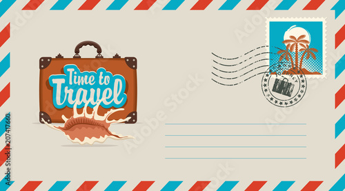 Postal envelope with stamp and rubber stamp. Illustration on the theme of travel with a suitcase and seashell and calligraphic inscription Time to travel
