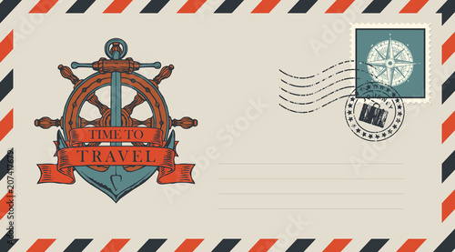 Postal envelope with stamp and rubber stamp. Illustration on the theme of travel, adventure and discovery with a ship helm, anchor and ribbons with words Time to travel