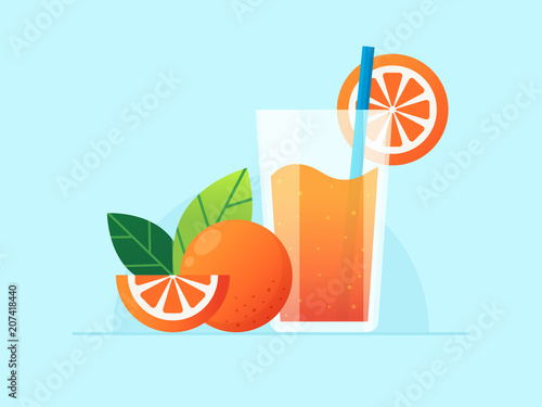 Orange fruit with fresh orange fruit. Flat design style. 