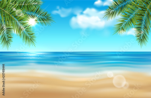 Vector summer beach landscape with palm trees, sea, shining sun and clouds