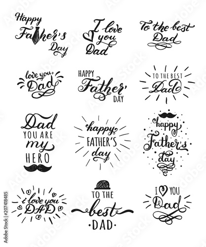 Happy Fathers Day Typography Collection. 12 Handwritten Lettering Inscriptions for Greeting Cards and Other Print Templates. Vector emblems.