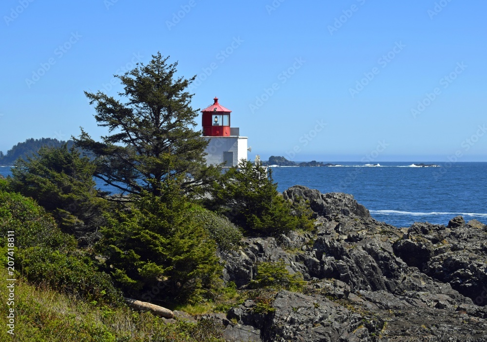 Amphitrite Point Lighthouse overlooking the Barkley Sound , Ucluelet Vancouver Island British Columbia Canada