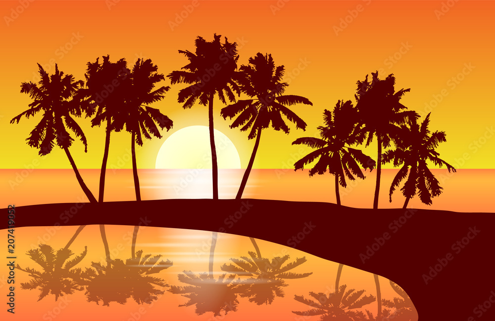 Tropical island landscape vector with palm trees in orange sunset reflected in a lagune.