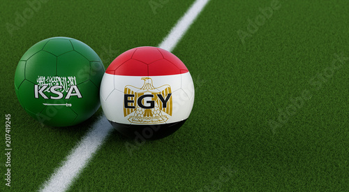 Saudi Arabia vs. Egypt Soccer Match - Soccer balls in Egypts and Saudi Arabias national colors on a soccer field. Copy space on the right side - 3D Rendering  photo