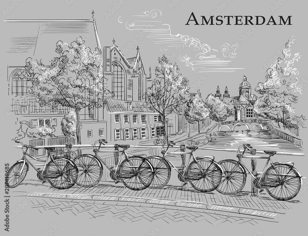 Bicycles on bridge in Amsterdam, grey
