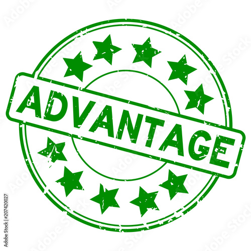 Grunge green advantage with star icon round rubber seal stamp on white background