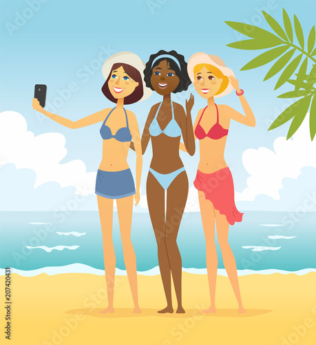 Girls on the beach - cartoon people character illustration