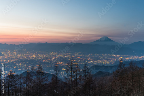 Mt.Fuji and Kofu city with sunrise sky seen from Mt. Amariyama view point. photo