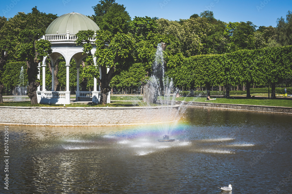 View to the pond with the fountain, rainbow appears in the water.