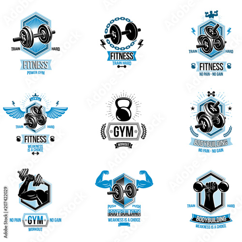 Set of vector fitness workout and weightlifting gymnasium theme logotypes and inspiring posters made using dumbbells, disc weights sport equipment and muscular athlete body silhouettes.