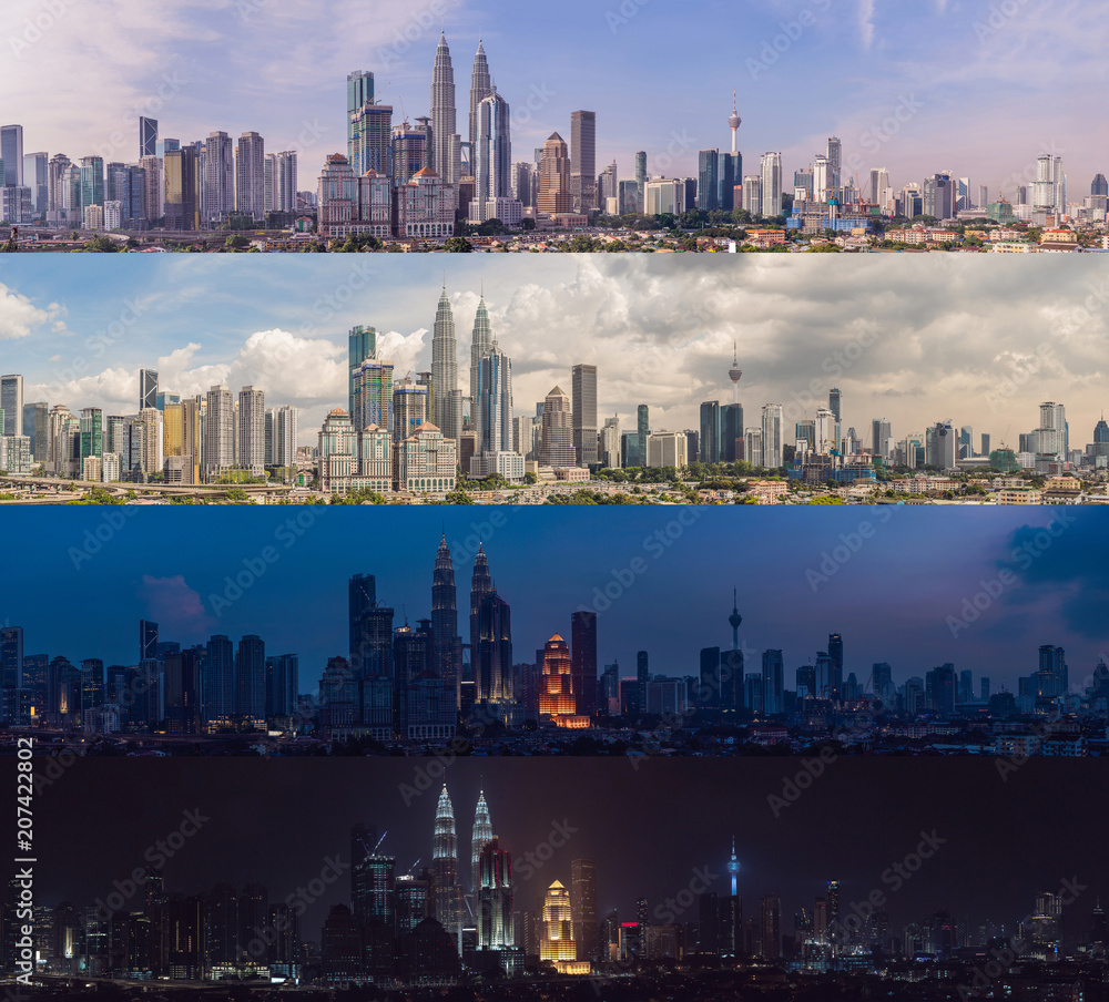 Morning afternoon Evening Night. Four time of day. Kuala Lumpur skyline, view of the city, skyscrapers with a beautiful sky
