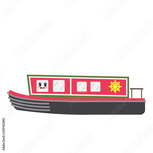 Narrowboat transportation cartoon character side view isolated on white background vector illustration.