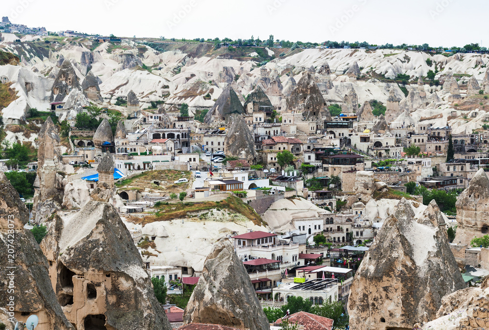 Goreme town with modern and ancient houses