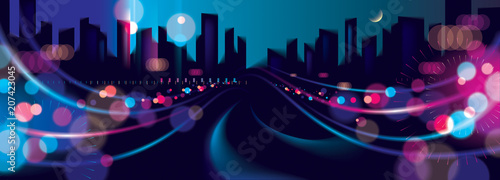 Wide panorama abstract urban night light bokeh , defocused background. Effect vector beautiful background. Blur colorful dark background with cityscape, buildings silhouettes skyline.