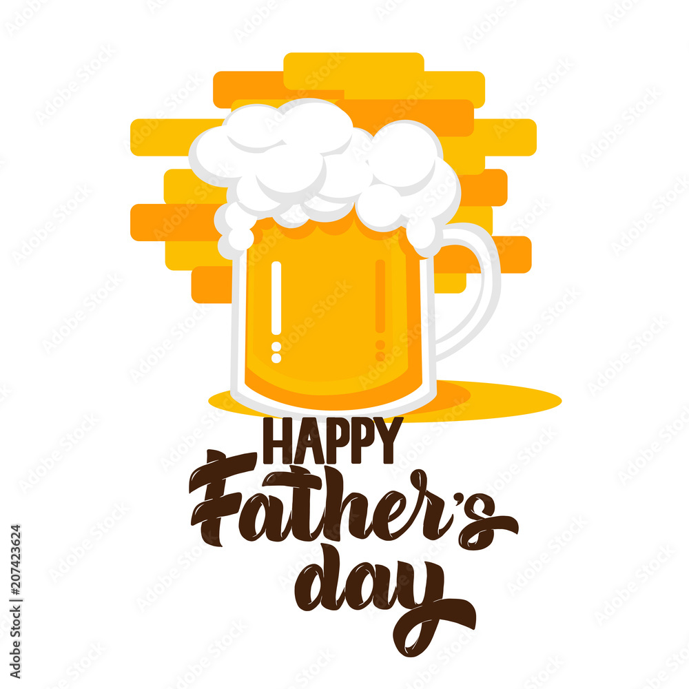 Happy Fathers day hand drawn lettering and beer icon for greeting card